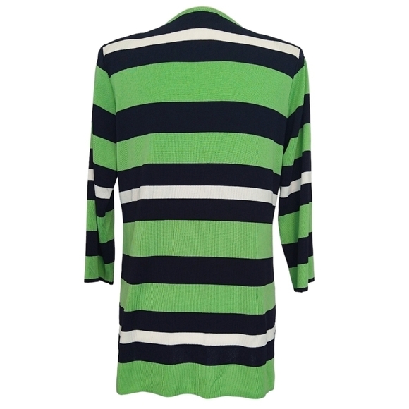 Exclusively Misook Green Black White Striped 3/4 Sleeve Split Neck Top Modest - Picture 2 of 7